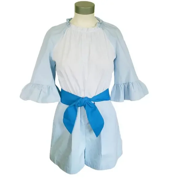 SANDRO Rosalyn colorblock pinstripe ruffle romper in blue sky Size 36 S 4 6 NEW - Picture 1 of 11